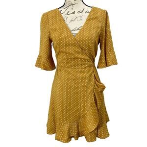 Sage The Label Mini Wrap Dress Ruffle Trim Mustard Yellow Gold Polka Dot Sz Med